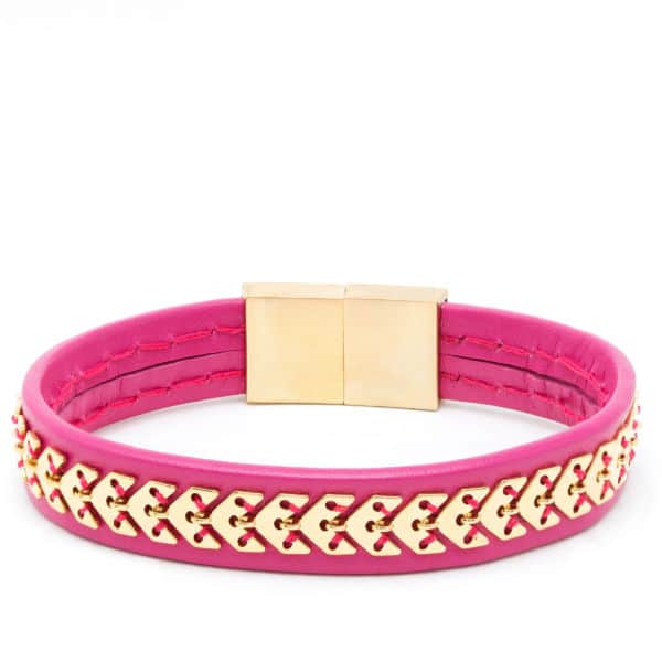 Bracelet cuir rose et chaîne dorée