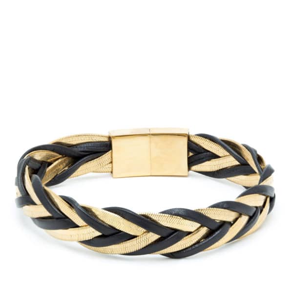 Bracelet tresse cuir et chaîne serpent doré Bracelet tresse cuir et chaîne serpent doré